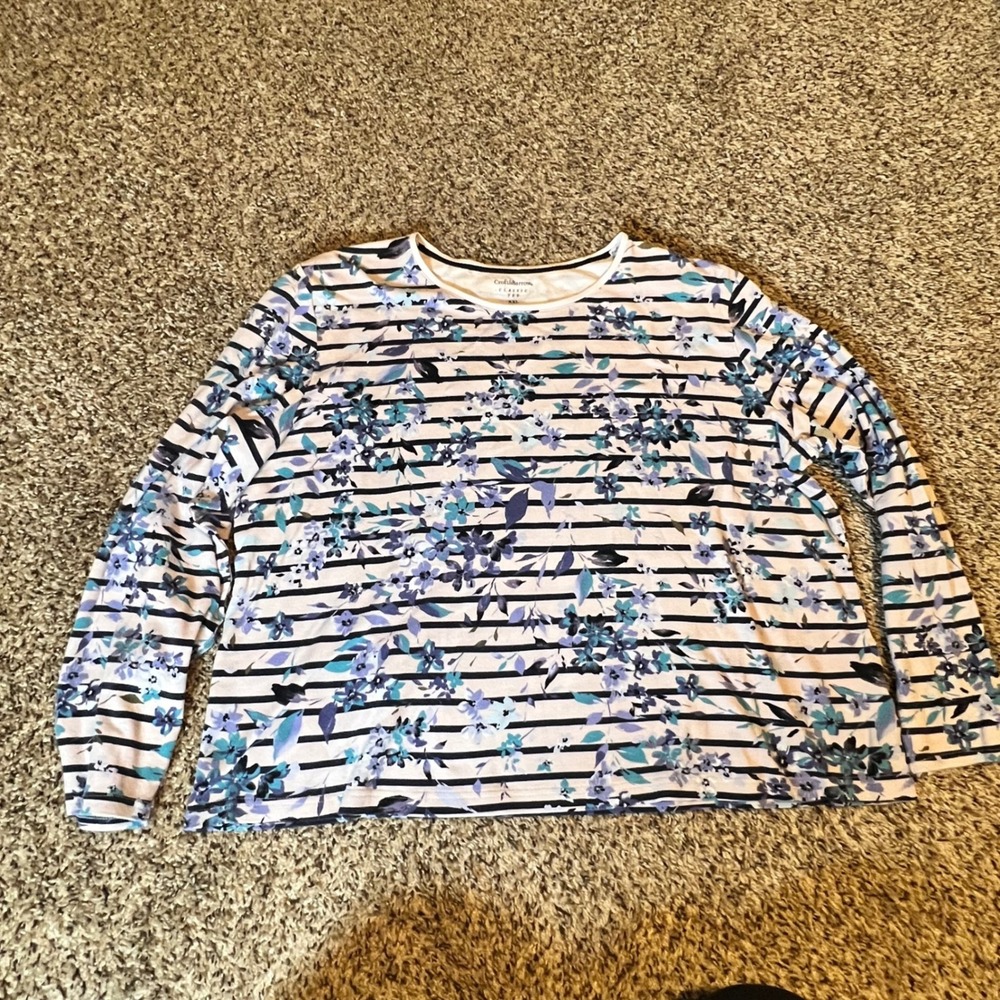 Croft & Barrow Womens XXL Long Sleeve Cotton Tee Striped Floral Blue White Shirt
